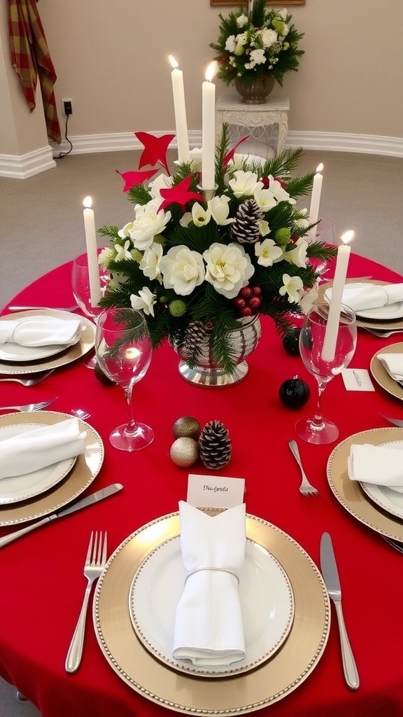 A festive Christmas lunch table setting with red tablecloth, elegant dinnerware, candles, and holiday decorations.